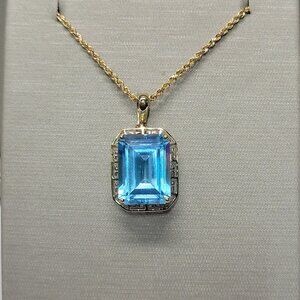 Rectangle Shaped Blue Topaz Gemstone Pendant w/18" Rope Chain-14kt Yellow Gold